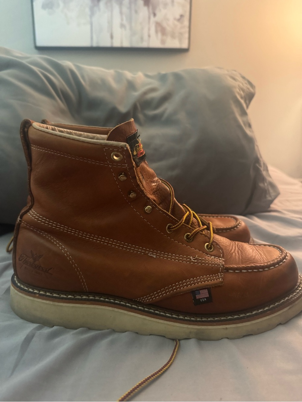Men’s Tan Leather Work Boots with White Wedge Sole
